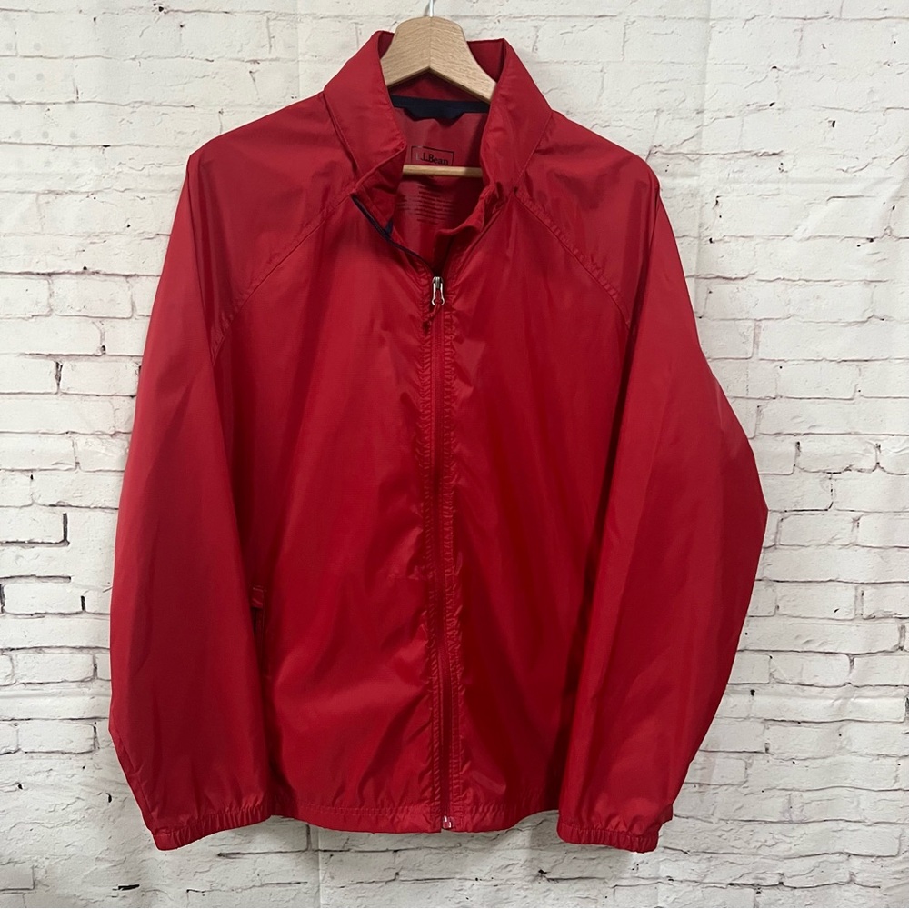 LL Bean XL Nylon Rain Jacket Windbreaker Red Full Zip Hidden Hood women Unisex - Picture 4 of 9